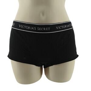 Victorias Secret Shortie Boy Shorts Panty Pantie Solid Black Logo Waistband L